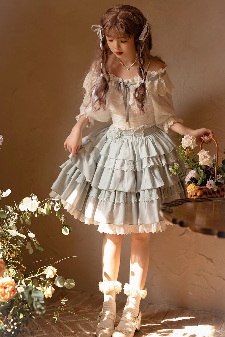 Lolita Skirt - Light Blue Rose Multi-layer, Blue, Sweet Style, Ruffled - additional product view 4