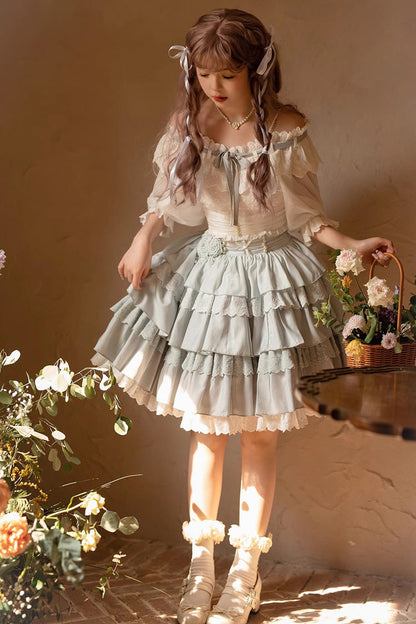 Lolita Skirt - Light Blue Rose Multi-layer, Blue, Sweet Style, Ruffled - additional product view 4