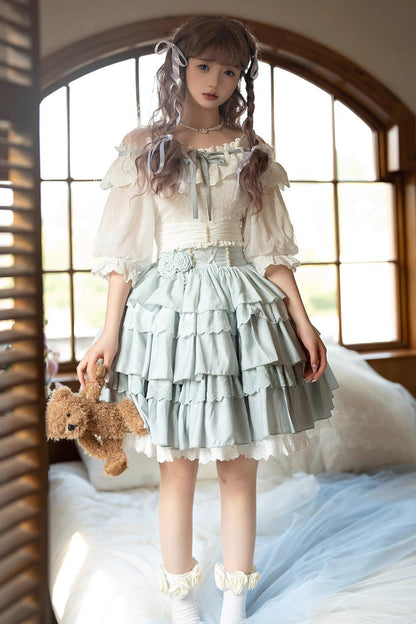 Lolita Skirt - Light Blue Rose Multi-layer, Blue, Sweet Style, Ruffled - additional product view 7