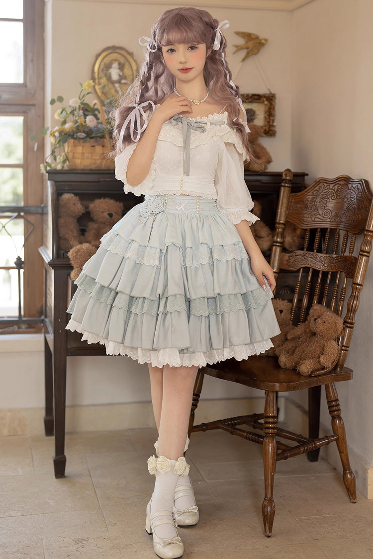 Lolita Skirt - Light Blue Rose Multi-layer, Blue, Sweet Style, Ruffled - main product image