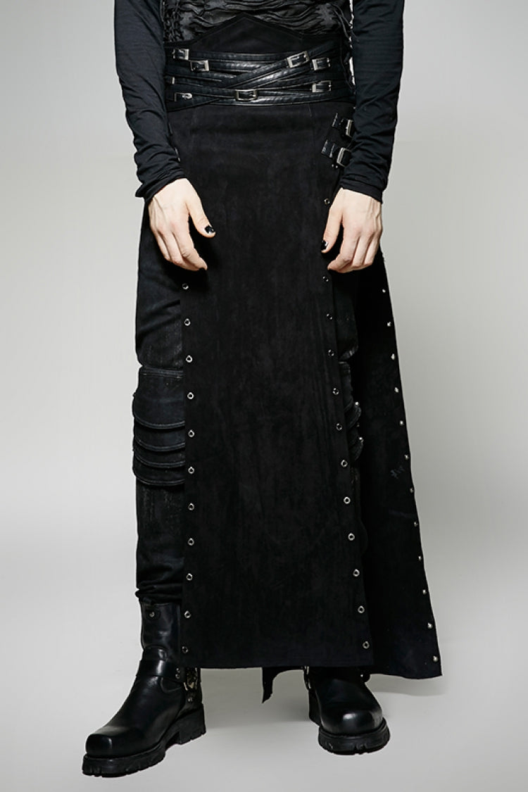Lolita Skirt - Metal Buckle PU Leather, Black, Buckle Detail, Men's Style, Lace Trim - main product image