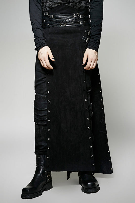 Lolita Skirt - Metal Buckle PU Leather, Black, Buckle Detail, Men's Style, Lace Trim - main product image