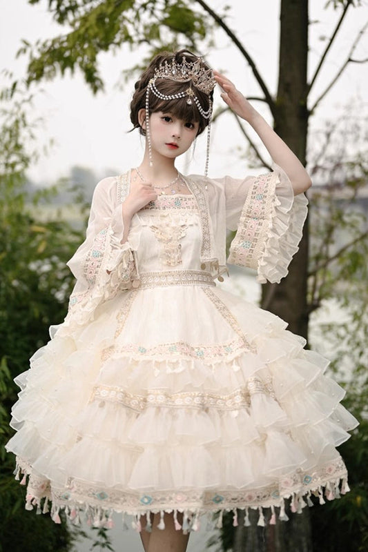 Lolita Skirt - Miao Girl, Apricot, Layered, Sweet Style, Bow Detail - main product image