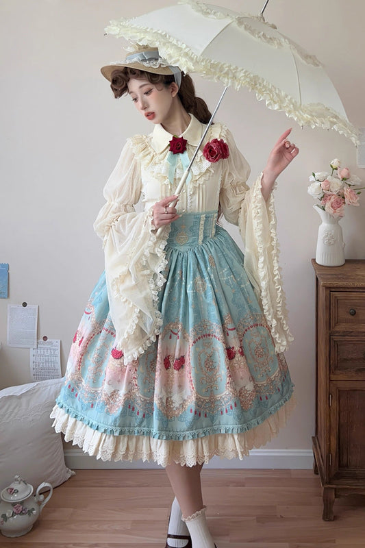 Lolita Skirt - Moonlit Garden Secret, Blue, Sweet Style, Lace Trim, Ruffled - main product image