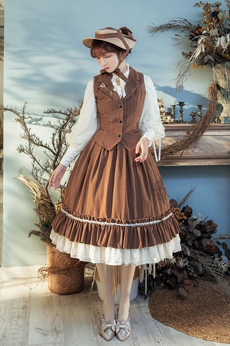 Lolita Skirt - Multi-layer Striped Print, 3 Colors, Striped, High Waist, Ruffled - XS Brown / S Brown / M Brown option