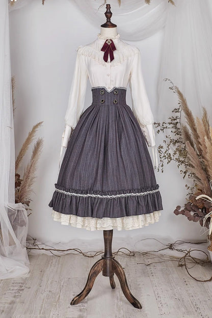 Lolita Skirt - Multi-layer Striped Print, 3 Colors, Striped, High Waist, Ruffled - XS Grey / S Grey / M Grey option