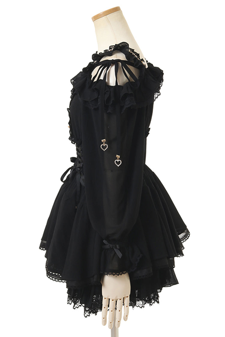 Lolita Skirt - Off Shoulder, Black, Lace Trim, Ruffled, Printed - additional product view 2