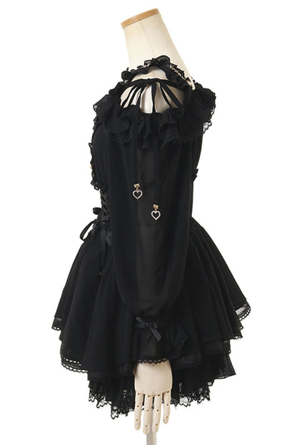 Lolita Skirt - Off Shoulder, Black, Lace Trim, Ruffled, Printed - additional product view 2