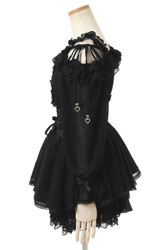 Lolita Skirt - Off Shoulder, Black, Lace Trim, Ruffled, Printed - additional product view 2