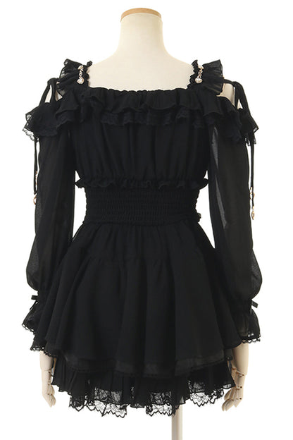 Lolita Skirt - Off Shoulder, Black, Lace Trim, Ruffled, Printed - additional product view 3