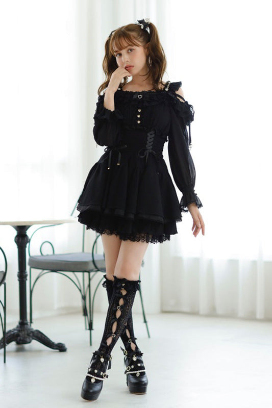 Lolita Skirt - Off Shoulder, Black, Lace Trim, Ruffled, Printed - main product image
