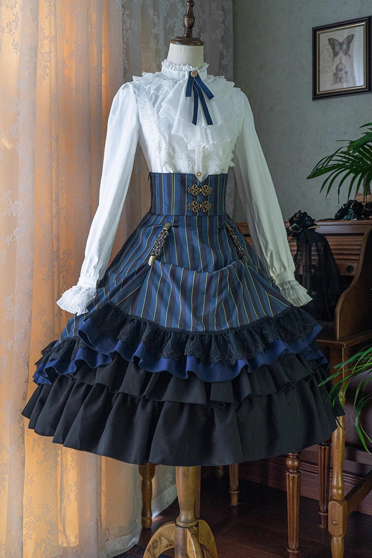 Lolita Skirt - Point Manor Multi-layer Striped, 4 Colors, Striped, High Waist - XS Blue / S Blue / M Blue option
