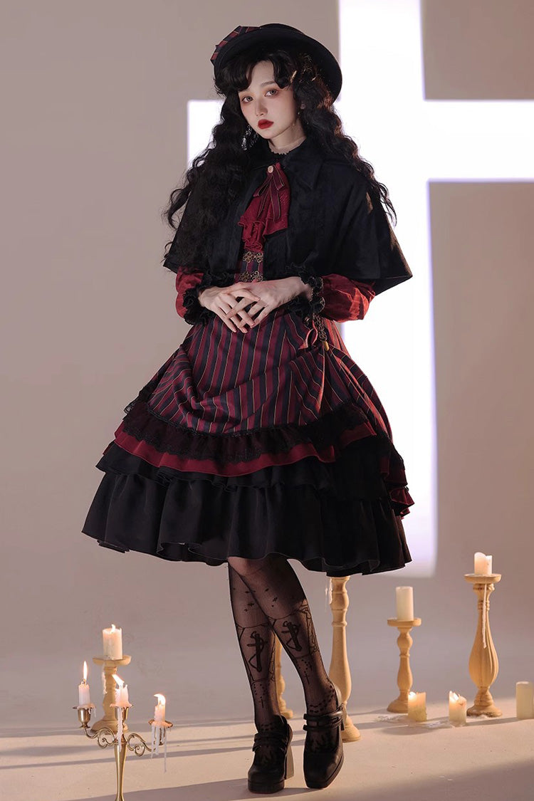Lolita Skirt - Point Manor Multi-layer Striped, 4 Colors, Striped, High Waist - XS Red / S Red / M Red option