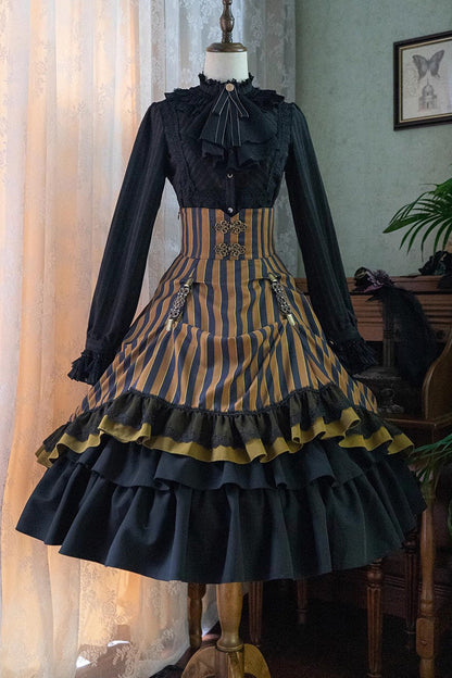 Lolita Skirt - Point Manor Multi-layer Striped, 4 Colors, Striped, High Waist - XS Yellow / S Yellow / M Yellow option