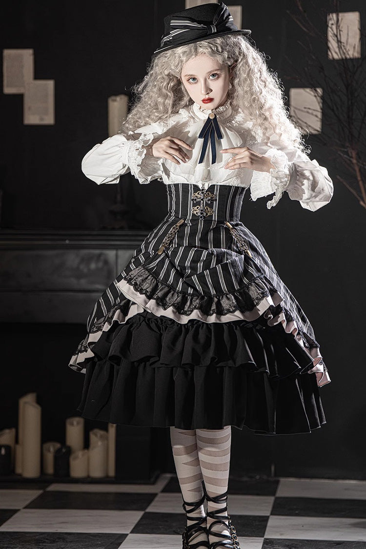 Lolita Skirt - Point Manor Multi-layer Striped, Black, Striped, Printed, Gothic Style - additional product view 4