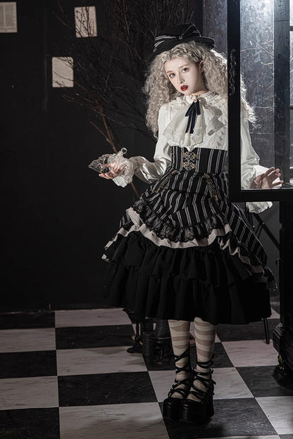 Lolita Skirt - Point Manor Multi-layer Striped, Black, Striped, Printed, Gothic Style - additional product view 5