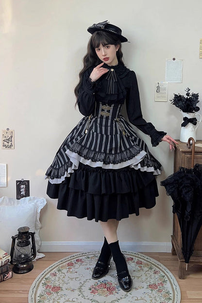 Lolita Skirt - Point Manor Multi-layer Striped, Black, Striped, Printed, Gothic Style - additional product view 8
