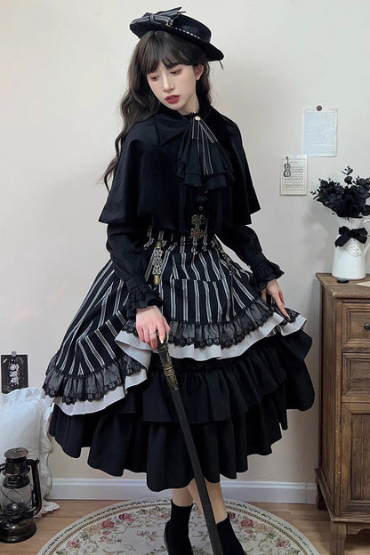 Lolita Skirt - Point Manor Multi-layer Striped, Black, Striped, Printed, Gothic Style - additional product view 12