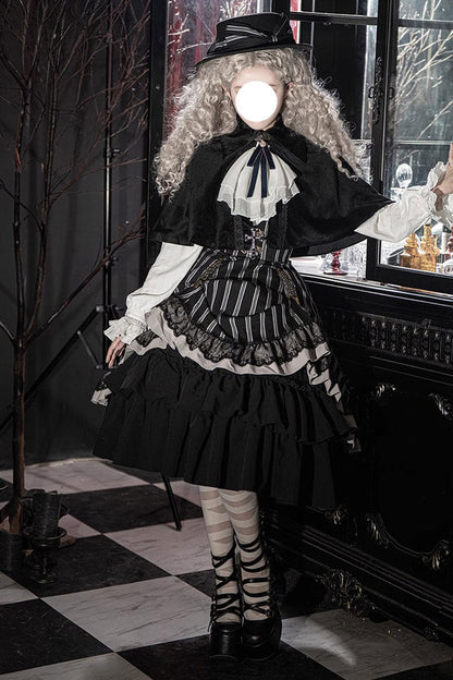 Lolita Skirt - Point Manor Multi-layer Striped, Black, Striped, Printed, Gothic Style - main product image