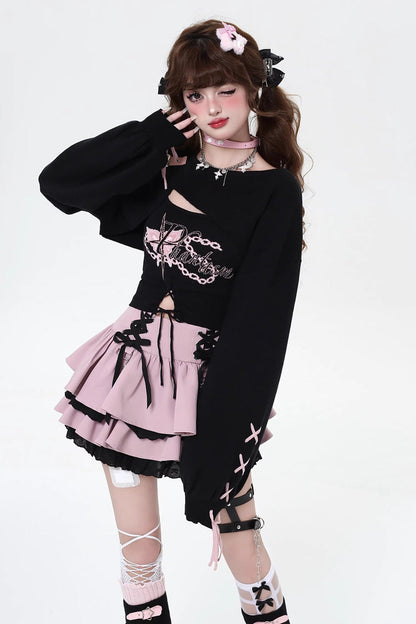 Lolita Skirt - Rebellious Period, 3 Colors, Ruffled, Layered, Lace-Up - additional product view 7