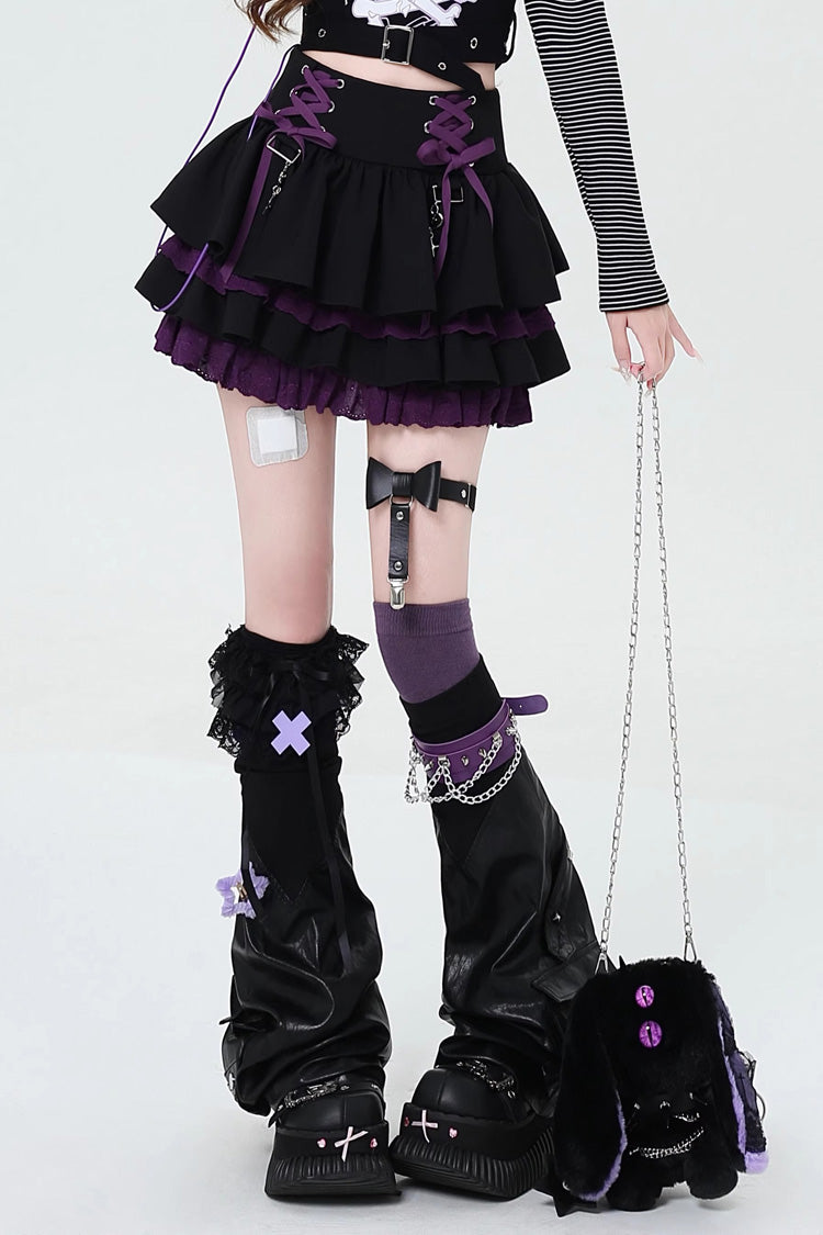 Lolita Skirt - Rebellious Period, 3 Colors, Ruffled, Layered, Lace-Up - S Black/Purple / M Black/Purple / L Black/Purple option