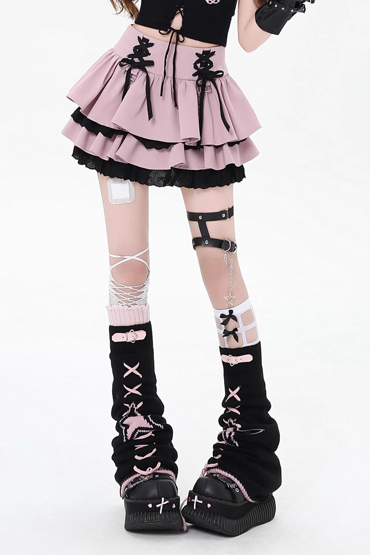 Lolita Skirt - Rebellious Period, 3 Colors, Ruffled, Layered, Lace-Up - S Pink / M Pink / L Pink option