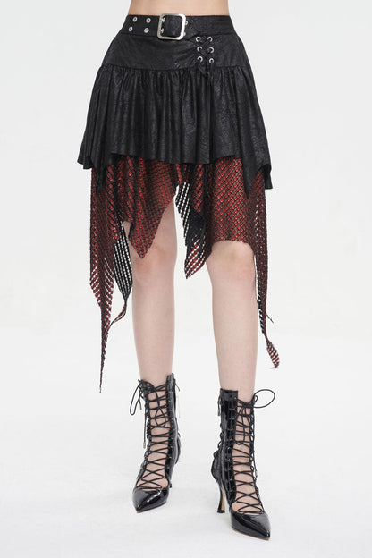 Lolita Skirt - Red/black Lrregular Mesh Splice, 2 Colors, Buckle Detail, Women's Style - additional product view 2