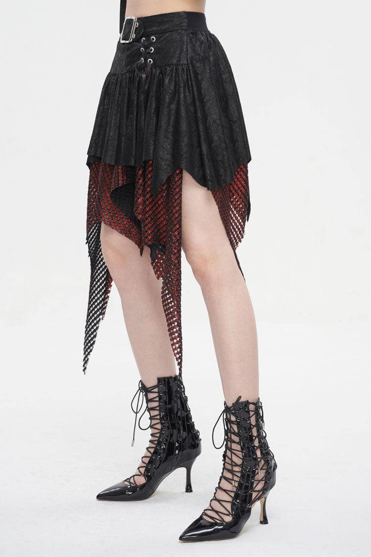 Lolita Skirt - Red/black Lrregular Mesh Splice, 2 Colors, Buckle Detail, Women's Style - additional product view 3