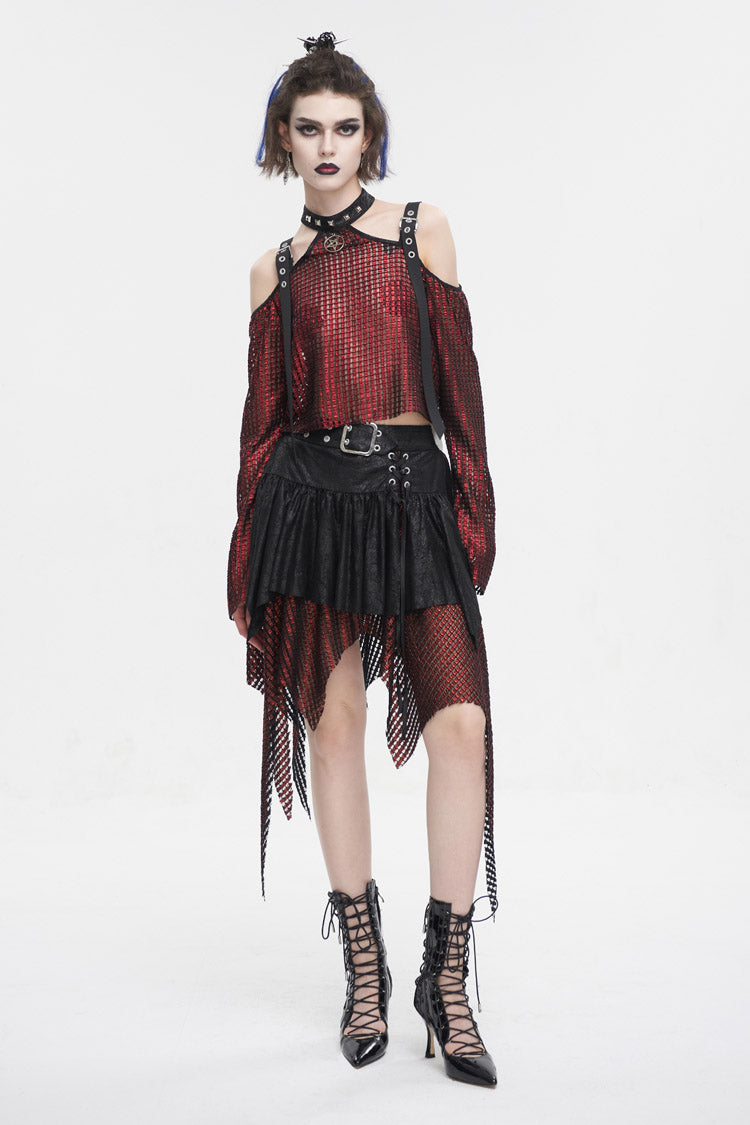 Lolita Skirt - Red/black Lrregular Mesh Splice, 2 Colors, Buckle Detail, Women's Style - additional product view 7