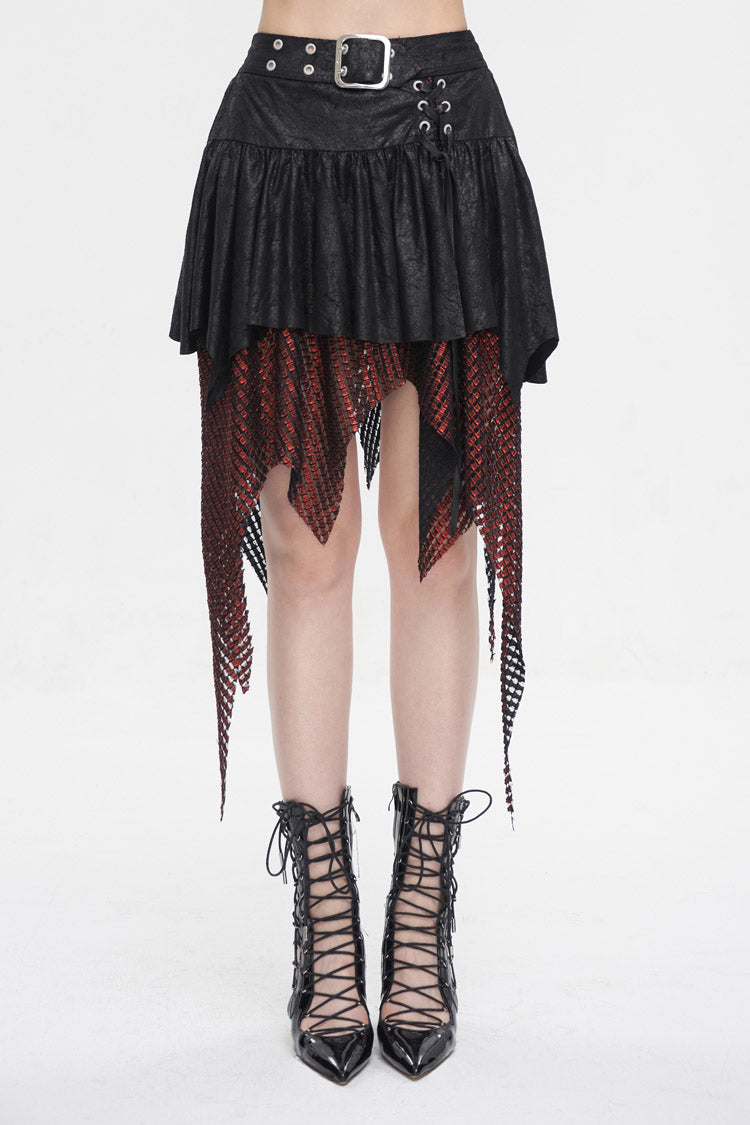 Lolita Skirt - Red/black Lrregular Mesh Splice, 2 Colors, Buckle Detail, Women's Style - main product image