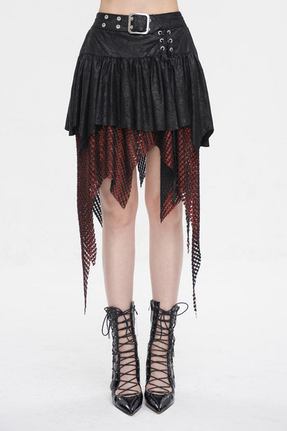 Lolita Skirt - Red/black Lrregular Mesh Splice, 2 Colors, Buckle Detail, Women's Style - main product image