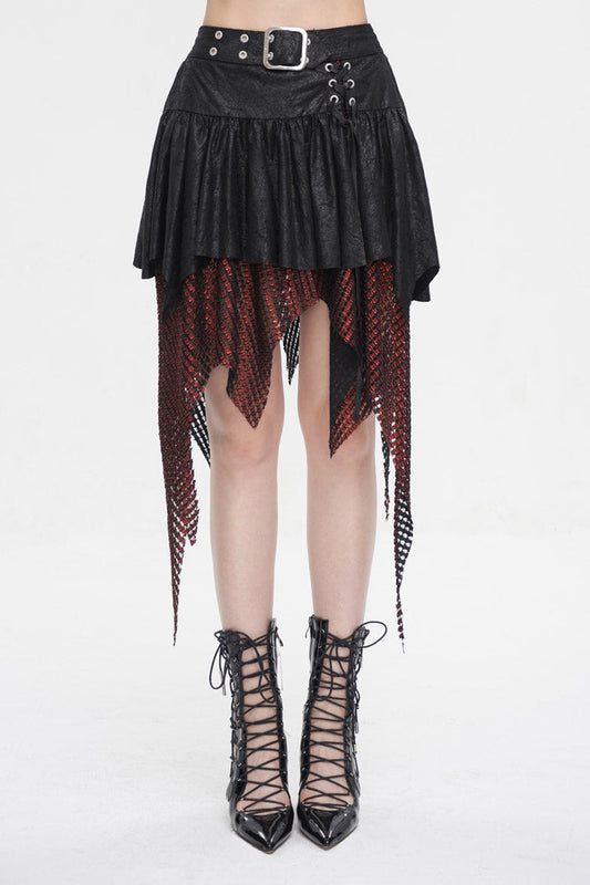 Lolita Skirt - Red/black Lrregular Mesh Splice, 2 Colors, Buckle Detail, Women's Style - main product image