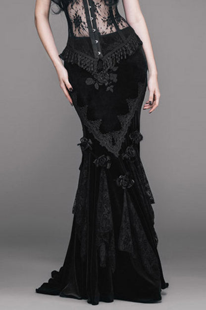 Lolita Skirt - Rose Embossed, Black, Fishtail Silhouette, Women's Style, Lace Trim - main product image