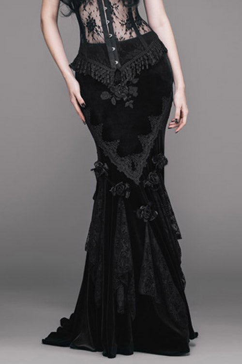 Lolita Skirt - Rose Embossed, Black, Fishtail Silhouette, Women's Style, Lace Trim - main product image