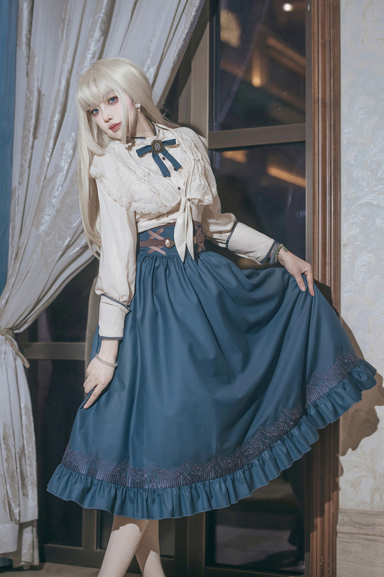 Lolita Skirt - Ruffle Embroidery Lace-up, Blue, Ruffled, Embroidered, Sweet Style - additional product view 4