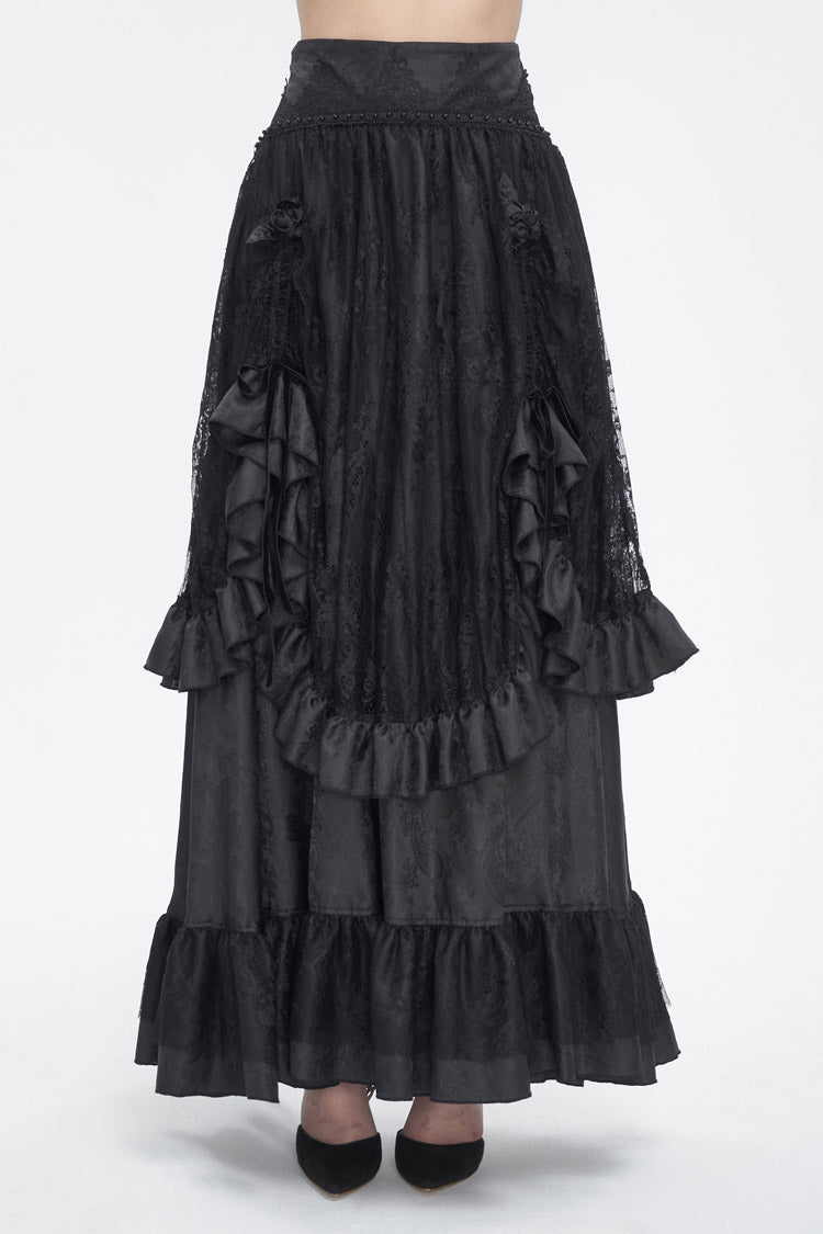 Lolita Skirt - Ruffle Lace Drawstring, Black, Women's Style, Gothic Style, Lace Trim - main product image
