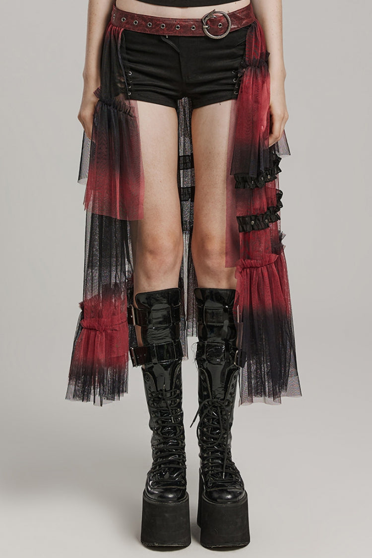Lolita Skirt - Ruffle Mesh Buckle Overskirt, 3 Colors, Buckle Detail, Women's Style - S Black/Red / L Black/Red / 2XL Black/Red option