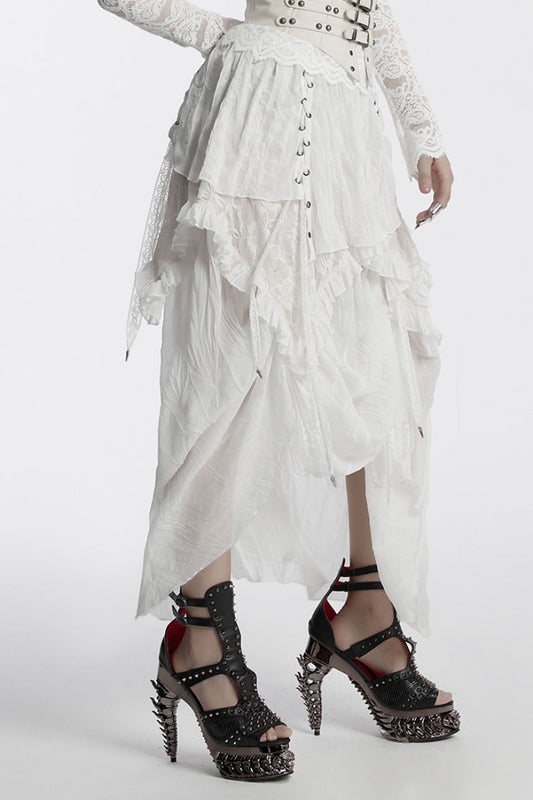Lolita Skirt - Ruffle Stitching Lace Lace-up, White, Women's Style, Lace Trim, Ruffled - additional product view 2