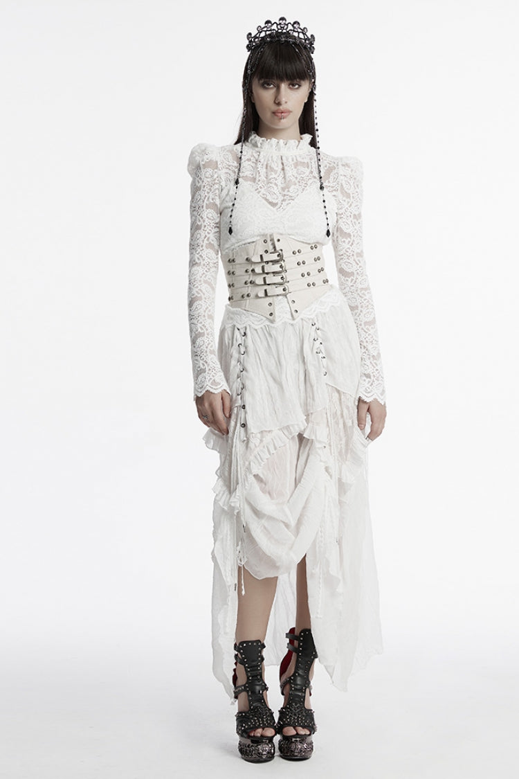 Lolita Skirt - Ruffle Stitching Lace Lace-up, White, Women's Style, Lace Trim, Ruffled - additional product view 4