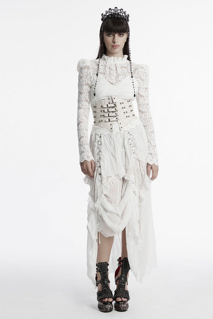 Lolita Skirt - Ruffle Stitching Lace Lace-up, White, Women's Style, Lace Trim, Ruffled - additional product view 4