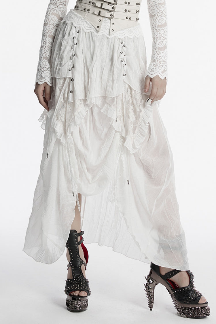Lolita Skirt - Ruffle Stitching Lace Lace-up, White, Women's Style, Lace Trim, Ruffled - main product image