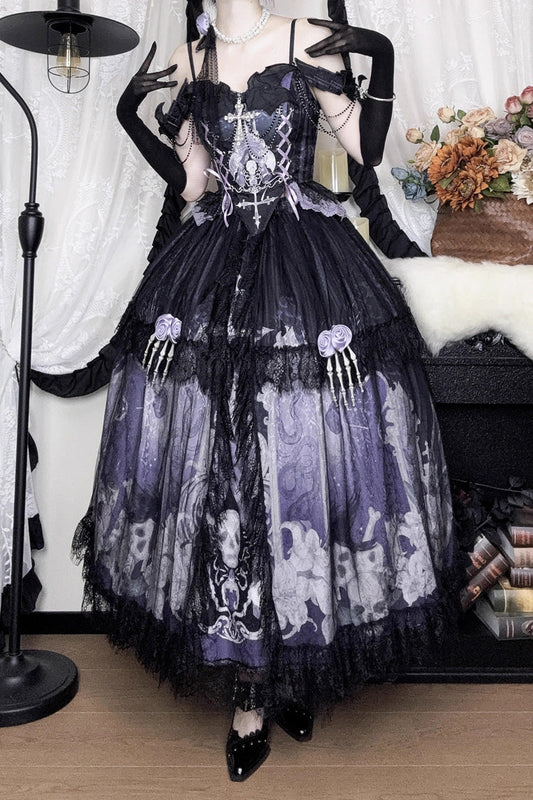 Lolita Skirt - Skull Magic, 2 Colors, Ruffled, Printed, Gothic Style - additional product view 2