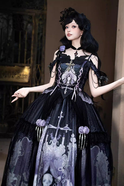 Lolita Skirt - Skull Magic, 2 Colors, Ruffled, Printed, Gothic Style - additional product view 7