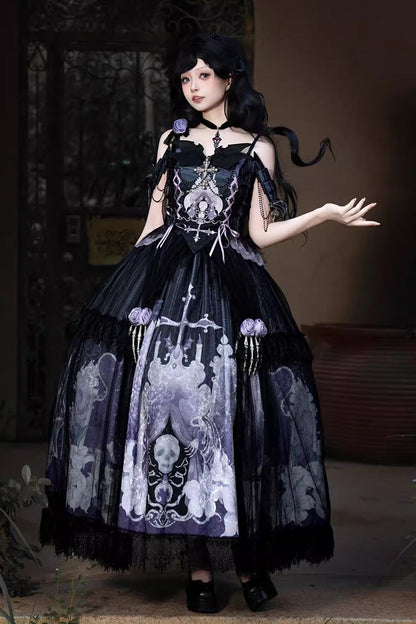 Lolita Skirt - Skull Magic, 2 Colors, Ruffled, Printed, Gothic Style - additional product view 9