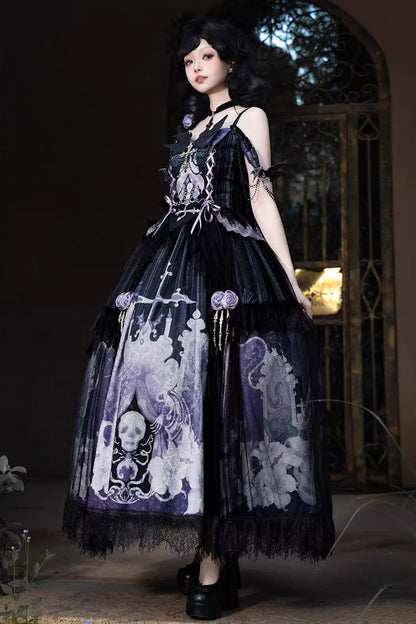 Lolita Skirt - Skull Magic, 2 Colors, Ruffled, Printed, Gothic Style - additional product view 12