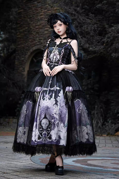 Lolita Skirt - Skull Magic, 2 Colors, Ruffled, Printed, Gothic Style - main product image