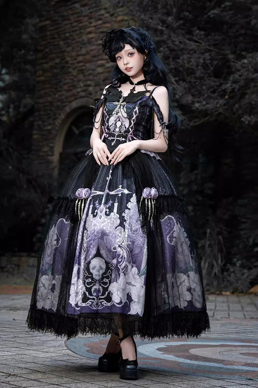 Lolita Skirt - Skull Magic, 2 Colors, Ruffled, Printed, Gothic Style - main product image
