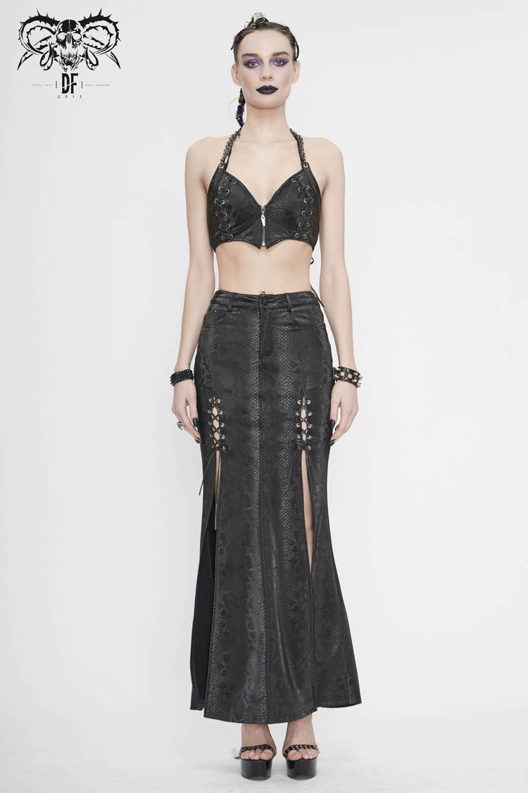 Lolita Skirt - Snake Like Leather Side Slit Hem, Black, Slit Detail, Women's Style - additional product view 5