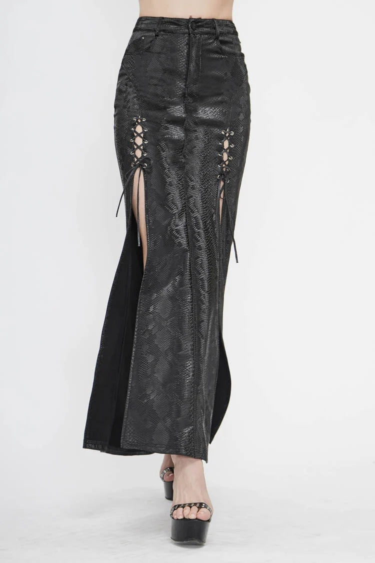 Lolita Skirt - Snake Like Leather Side Slit Hem, Black, Slit Detail, Women's Style - main product image