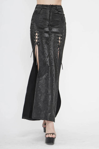 Lolita Skirt - Snake Like Leather Side Slit Hem, Black, Slit Detail, Women's Style - main product image